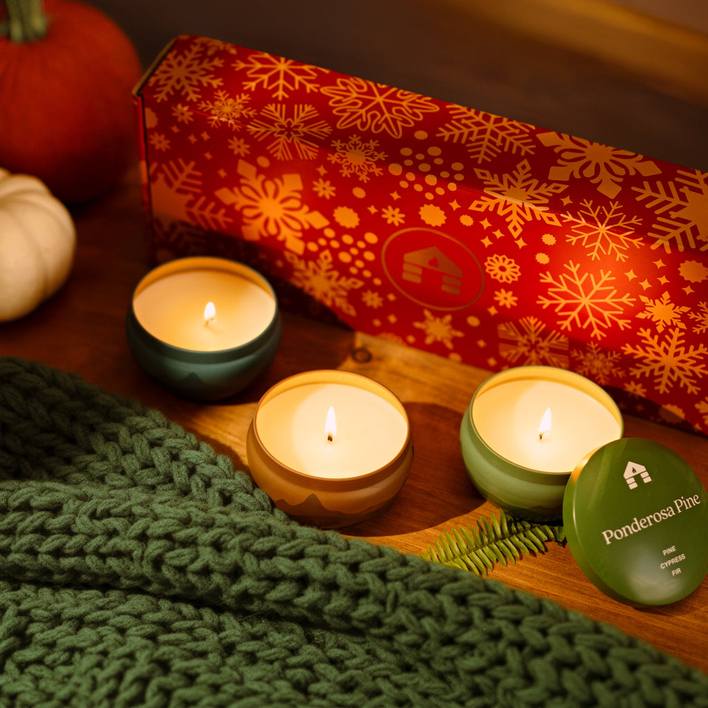Bluecorn Candles Scented Candle Gift Set - Three 8oz Aromática Coconut Wax Candle Tins - Pumpkin, Pine & Woodsy — branding close-up