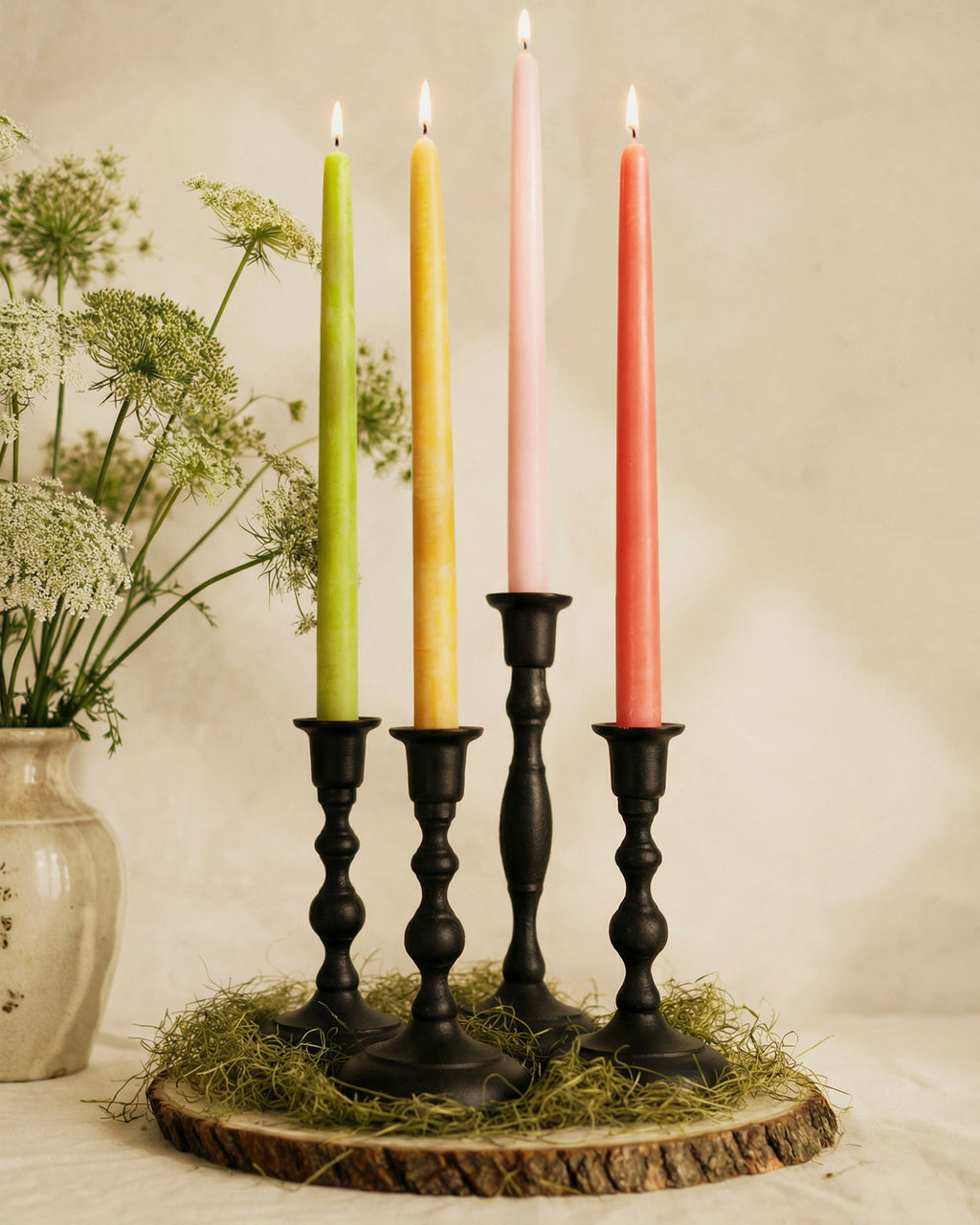 Bluecorn Candles Spring Beeswax Taper Candle Bundle - Dusty Rose, Apricot, Pistachio & Raw — lifestyle context