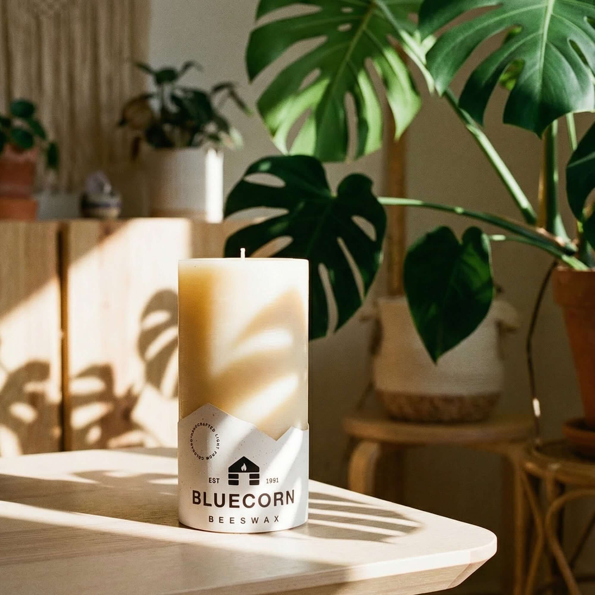 Bluecorn Candles Ivory Pure Beeswax Pillar Candles — lifestyle context