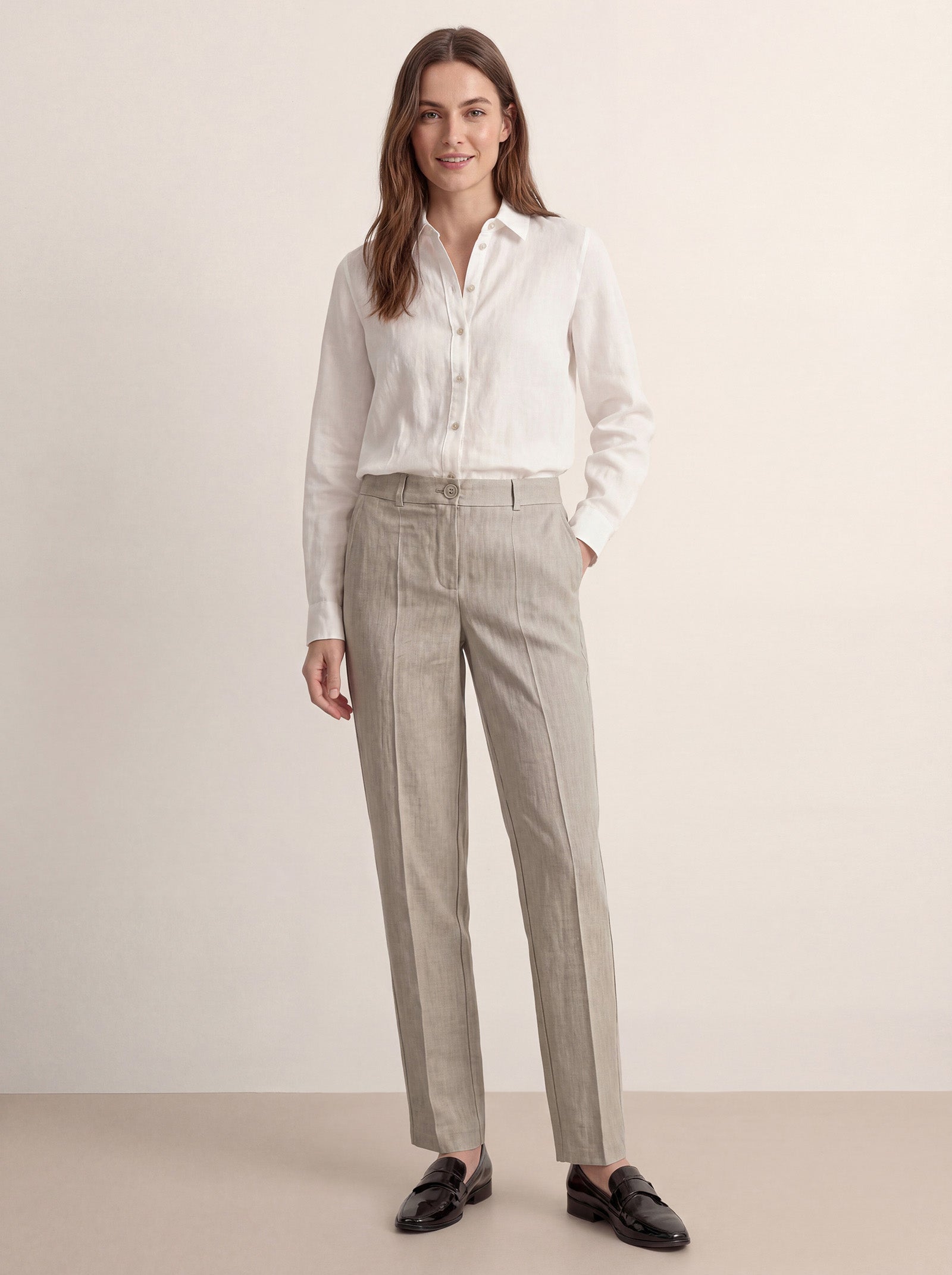 LINTICO Linen Tailored Straight Full Length Pants LANDON — product on model