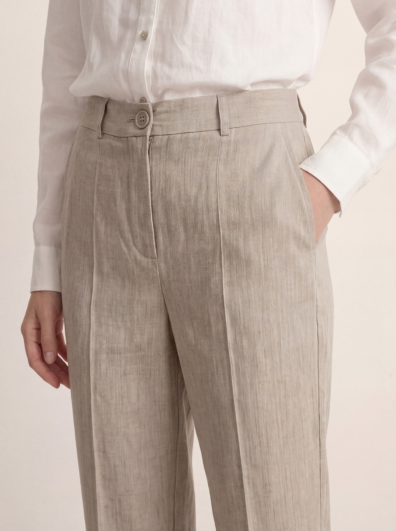 LINTICO Linen Tailored Straight Full Length Pants LANDON — fabric or material detail