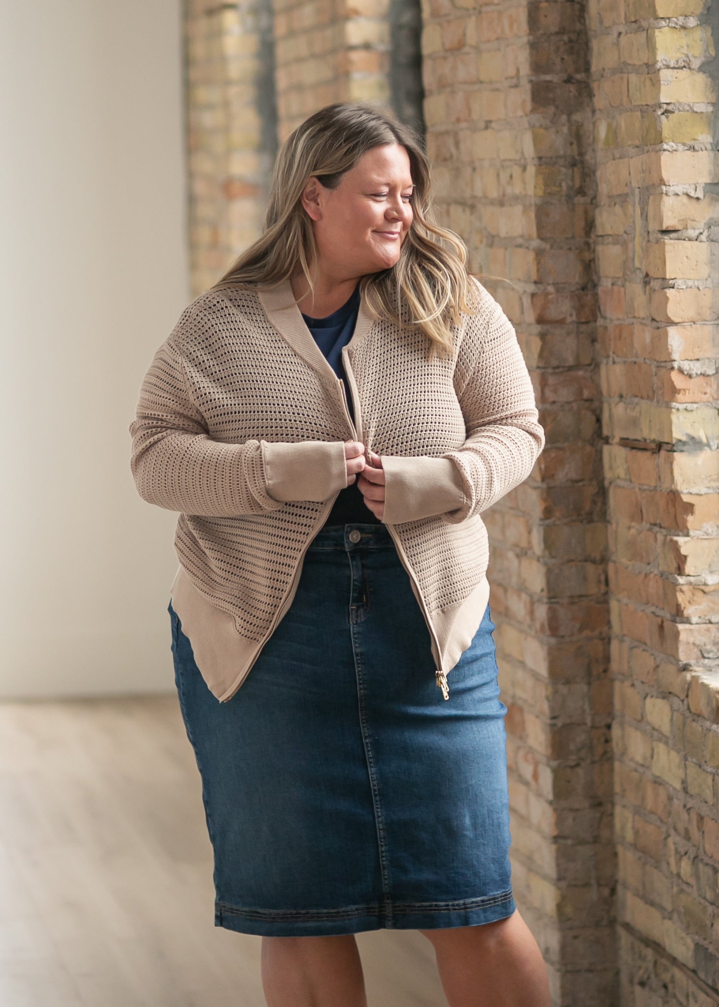 Inherit Co. Bryn Dark Wash Denim Midi Skirt — lifestyle context