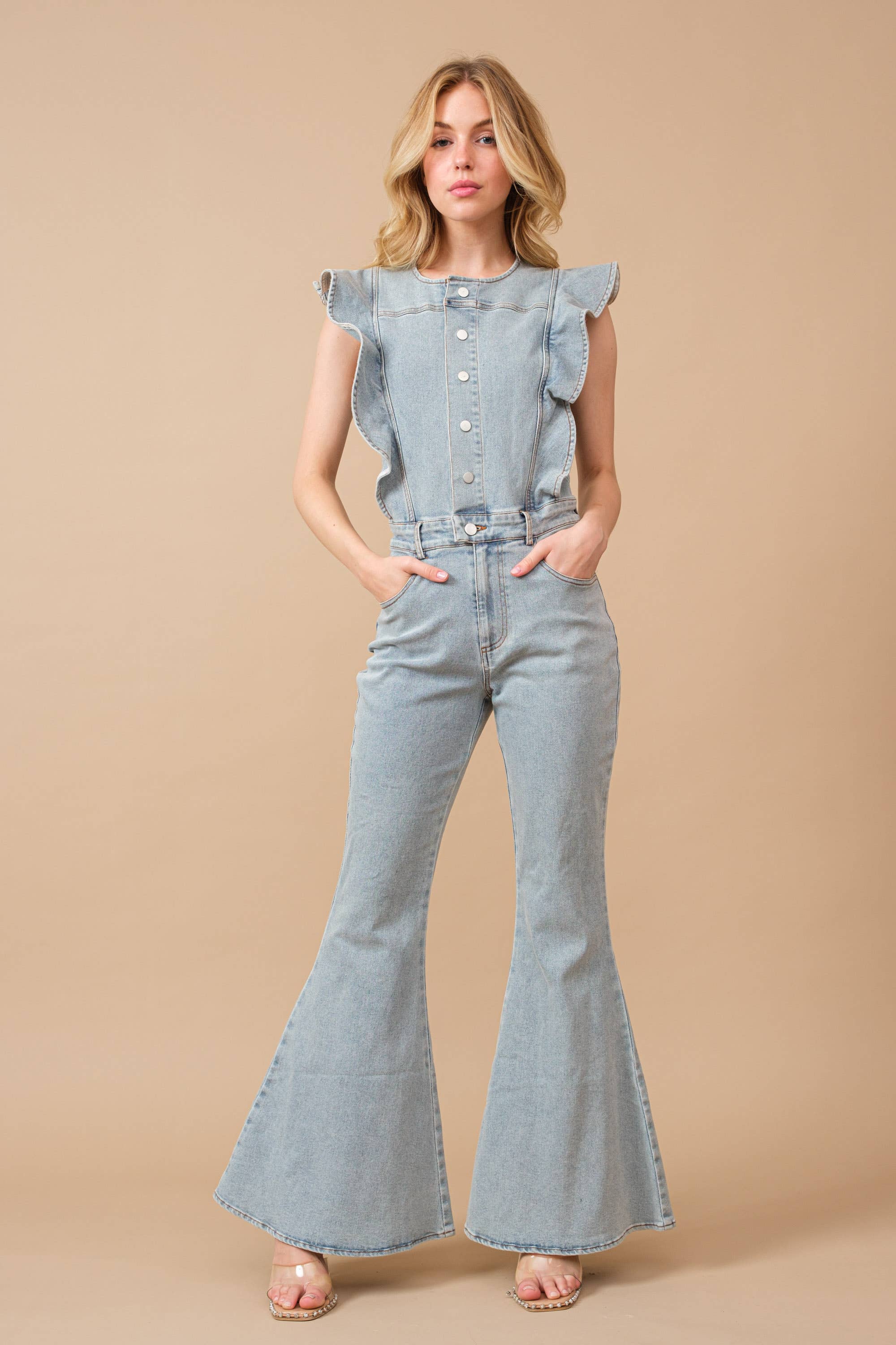Pretty Little Patriot Pretty Little Patriot Ruffle Bell Bottom Denim Jumpsuit — main product shot