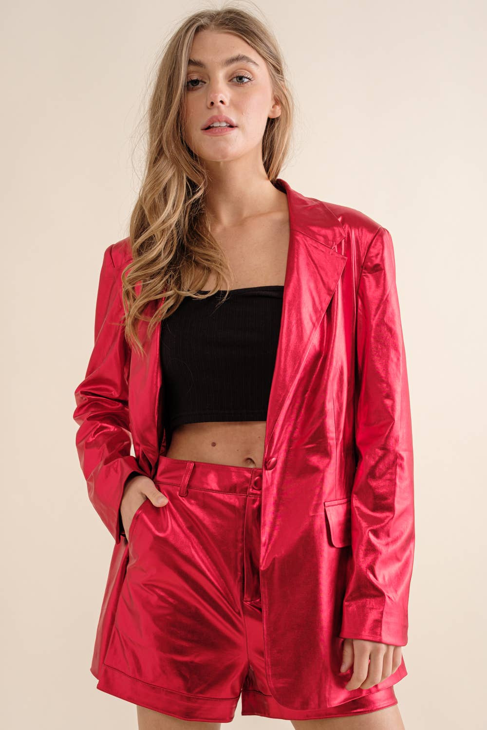Pretty Little Patriot Pretty Little Patriot Sleek Metallic Red Blazer Set — detail shot 6
