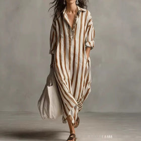 Striped Lapel Collar Dress – Side Slits & Pockets