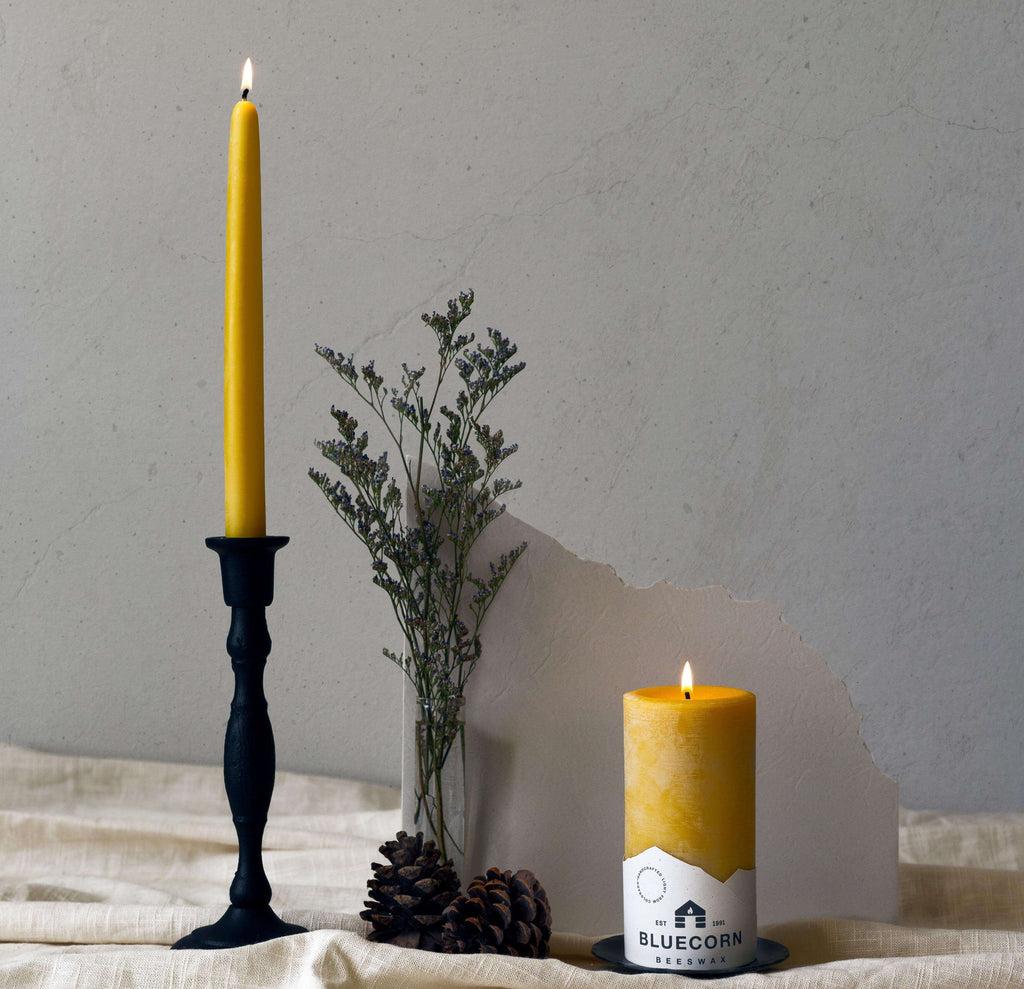 Bluecorn Candles Taper Candle Holders - Handcrafted Cast Iron — branding close-up