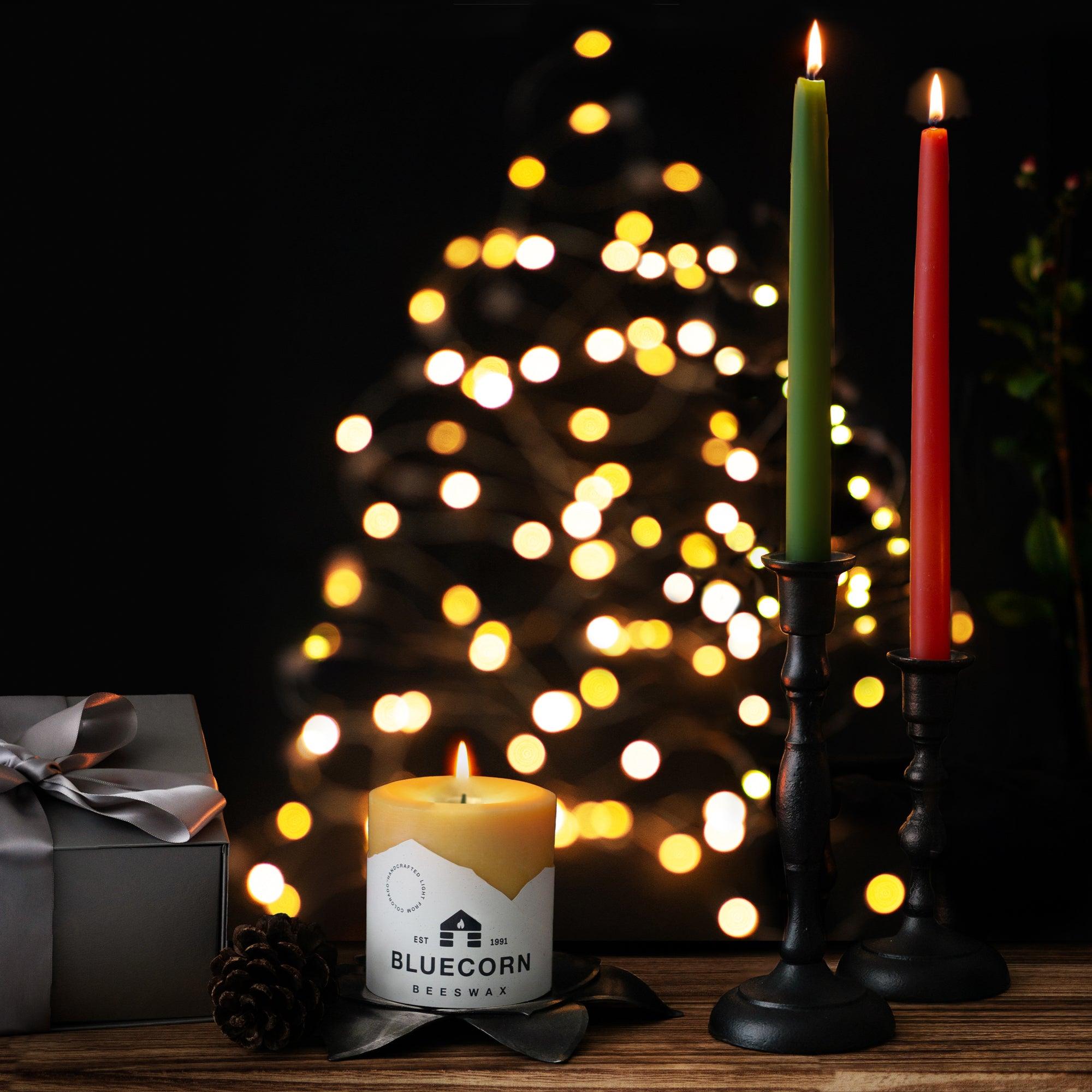 Bluecorn Candles Classic Christmas Beeswax Taper Candle Bundle - Red & Moss Green — detail and construction