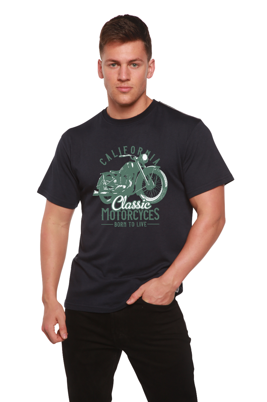 Spun Bamboo Classic Motorcycles Men's Bamboo Viscose/Organic Cotton Short Sleeve Graphic T-Shirt — packaging