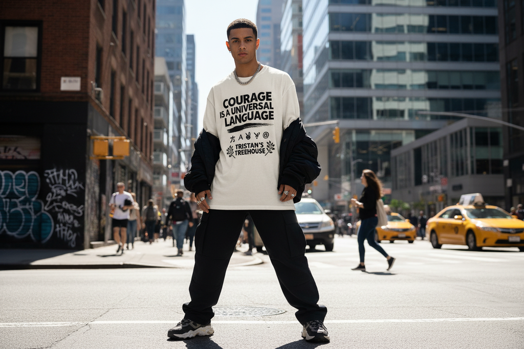Tristan’s Treehouse Courage is a Universal Language – T-Shirt — lifestyle context
