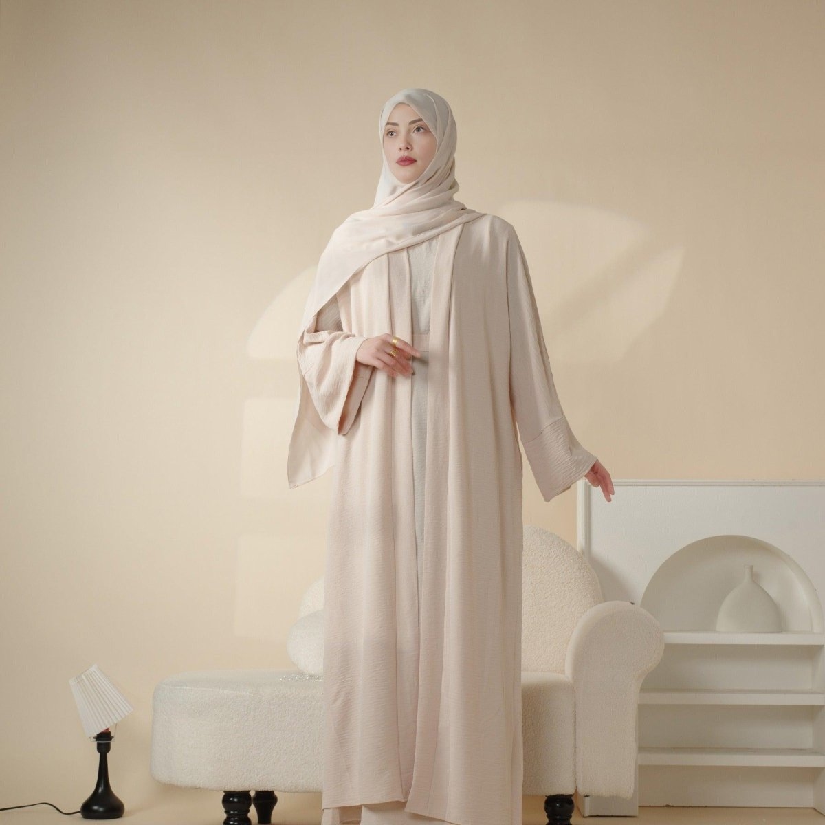 Mariam's Collection Crepe Pocket Open Abaya 3-Piece Set (MA002) — product on model