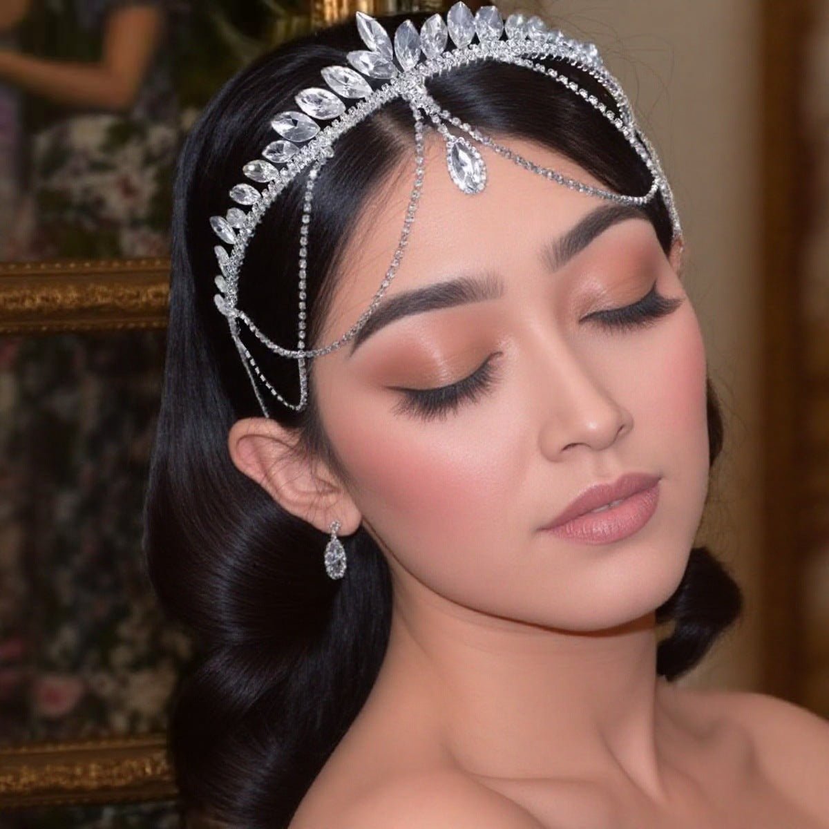 Mariam's Collection Crystal Tiara Headband with Cascading Forehead Chain (MAC330) — main product shot
