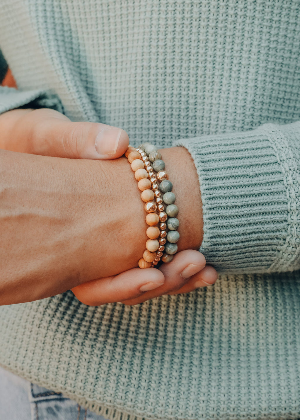 CanyonLeaf Cypress Wood + 14K Gold Filled || Beaded Stretch Bracelet — lifestyle context