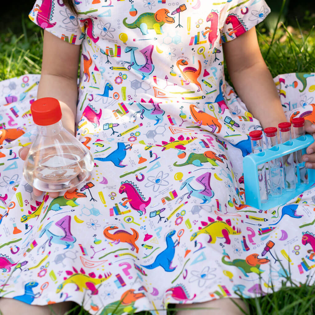 Princess Awesome & Boy Wonder "Hypothesaurus Rex" Dinosaur Scientists Super Twirler Dress with Pockets — detail close-up