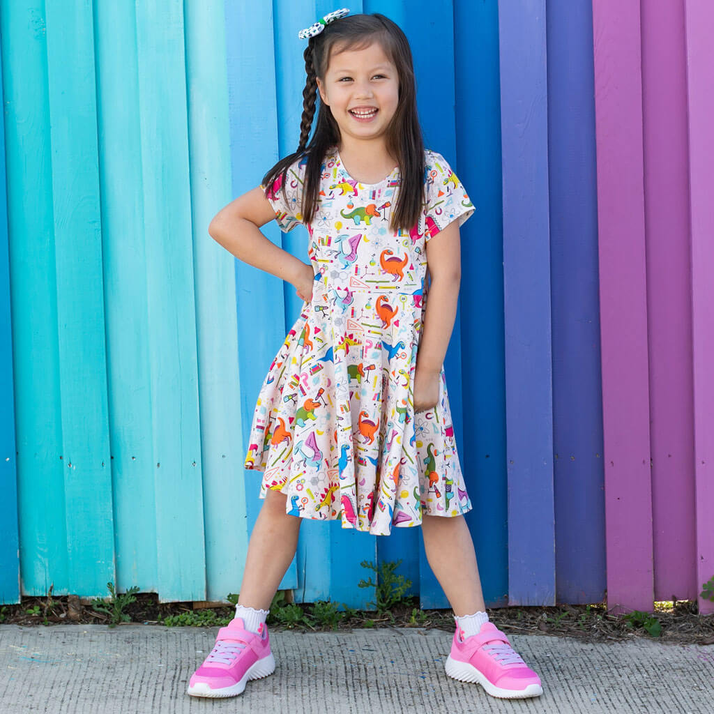 Princess Awesome & Boy Wonder "Hypothesaurus Rex" Dinosaur Scientists Super Twirler Dress with Pockets — back view