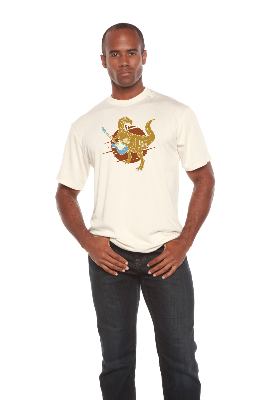 Spun Bamboo Dinosaur with a guitar Men's Bamboo Viscose/Organic Cotton Short Sleeve Graphic T-Shirt — product on model