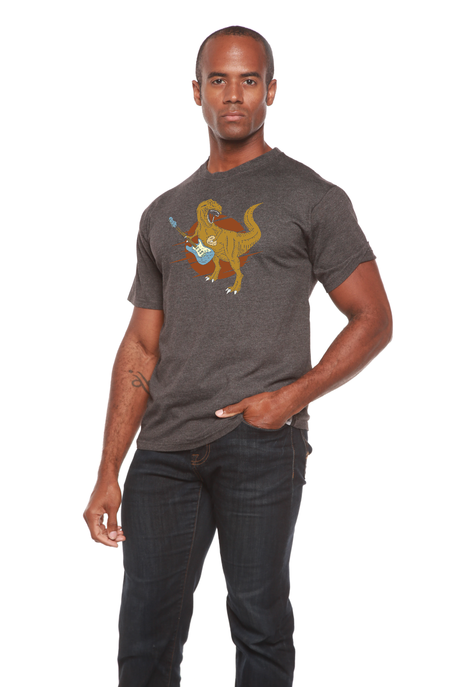 Spun Bamboo Dinosaur with a guitar Men's Bamboo Viscose/Organic Cotton Short Sleeve Graphic T-Shirt — size reference