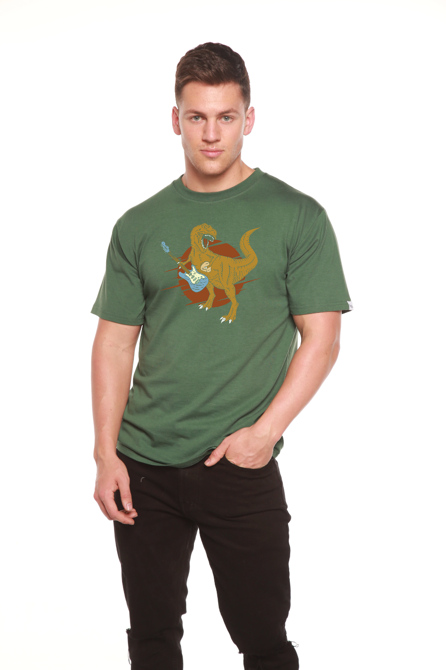 Spun Bamboo Dinosaur with a guitar Men's Bamboo Viscose/Organic Cotton Short Sleeve Graphic T-Shirt — feature highlight