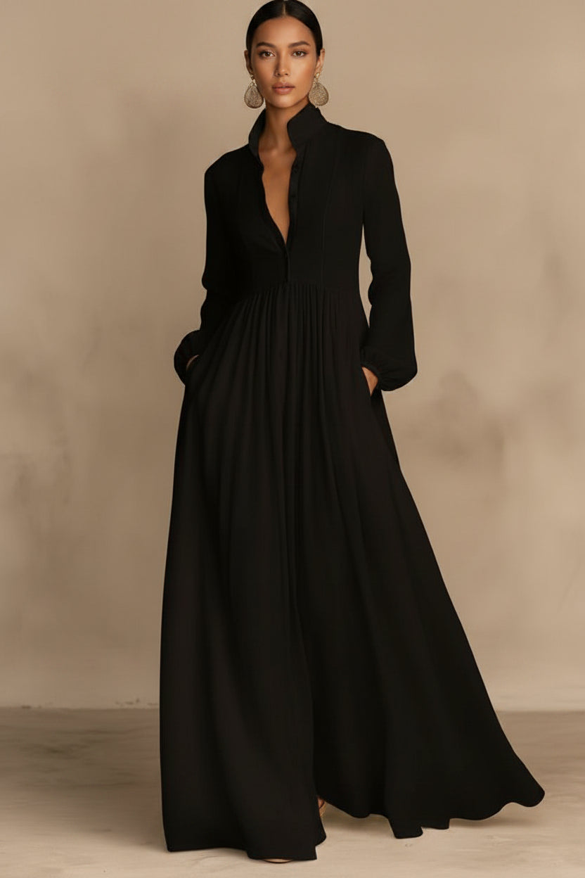 Women's French Style Long Sleeve Pleated A-Line Maxi Dress