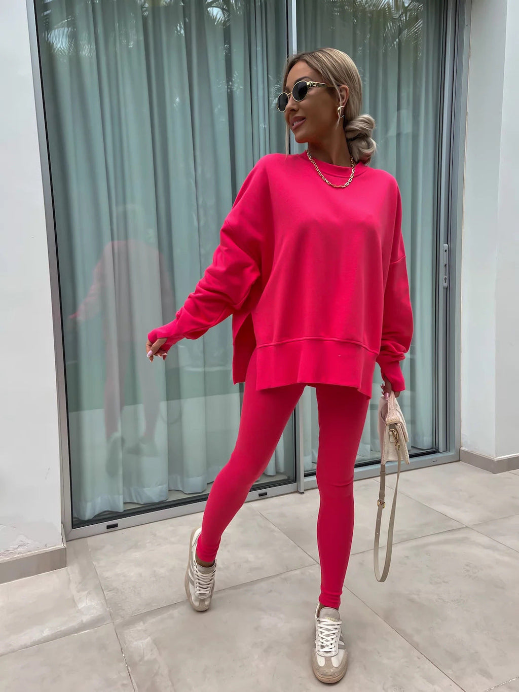 Women’s Casual Sweater Suit – Loose Split Top & Fitted Trousers Set