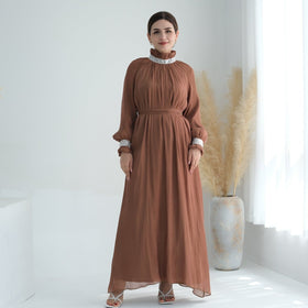 Elegant Modest Long Sleeve High-Neck Lace-Up Solid Color Dress Abaya (MA213)