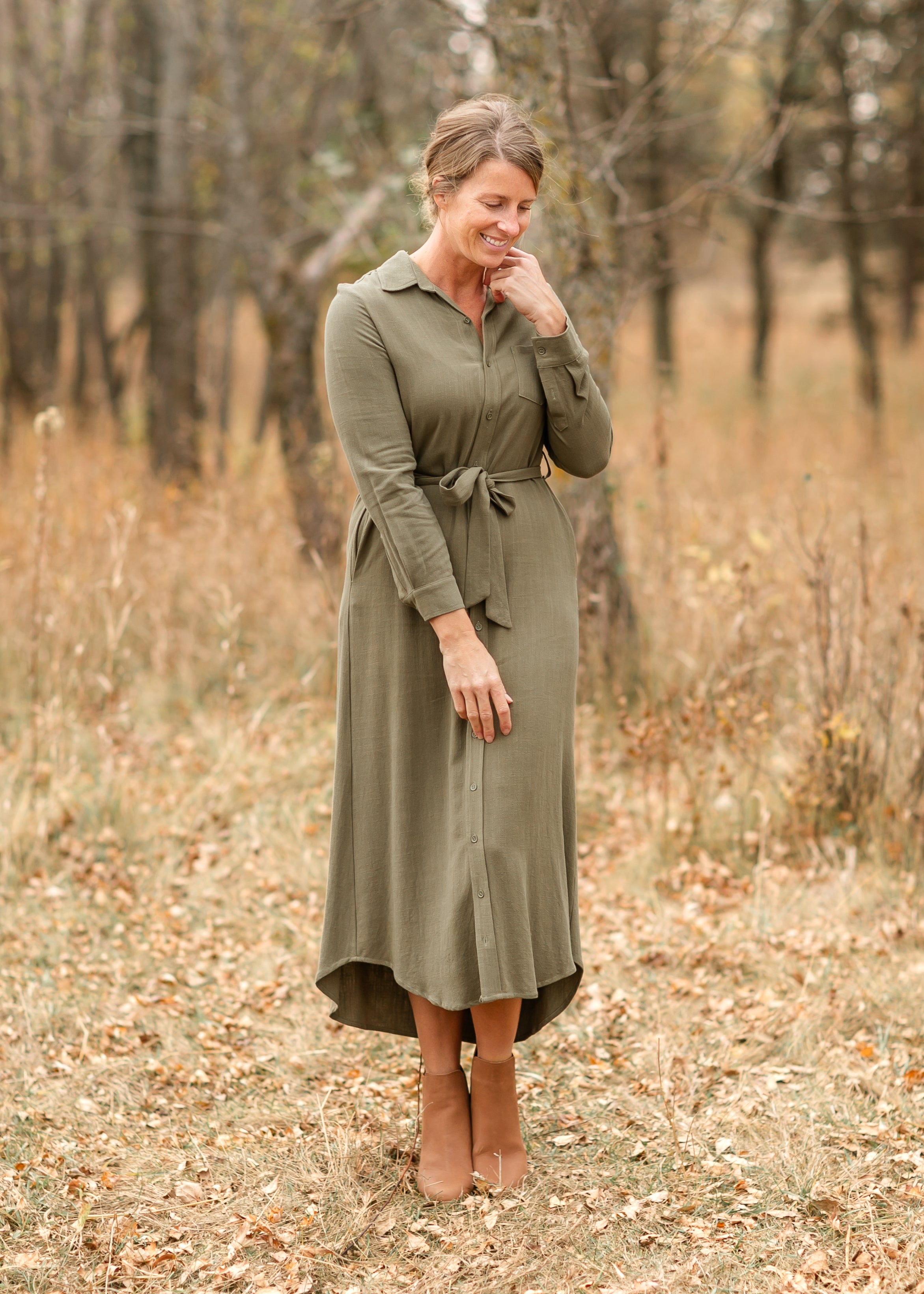 Inherit Co. Essential Olive Long Sleeve Linen Shirt Dress — color detail