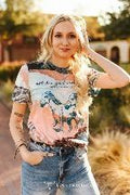 Lucky & Blessed PEACH TEAL RUNNING HROSES PRINTED SHORT SLEEVE SHIRT PLUS SIZE