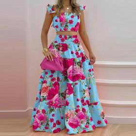 Blue & Pink Floral Strappy Top Flared Skirt Set