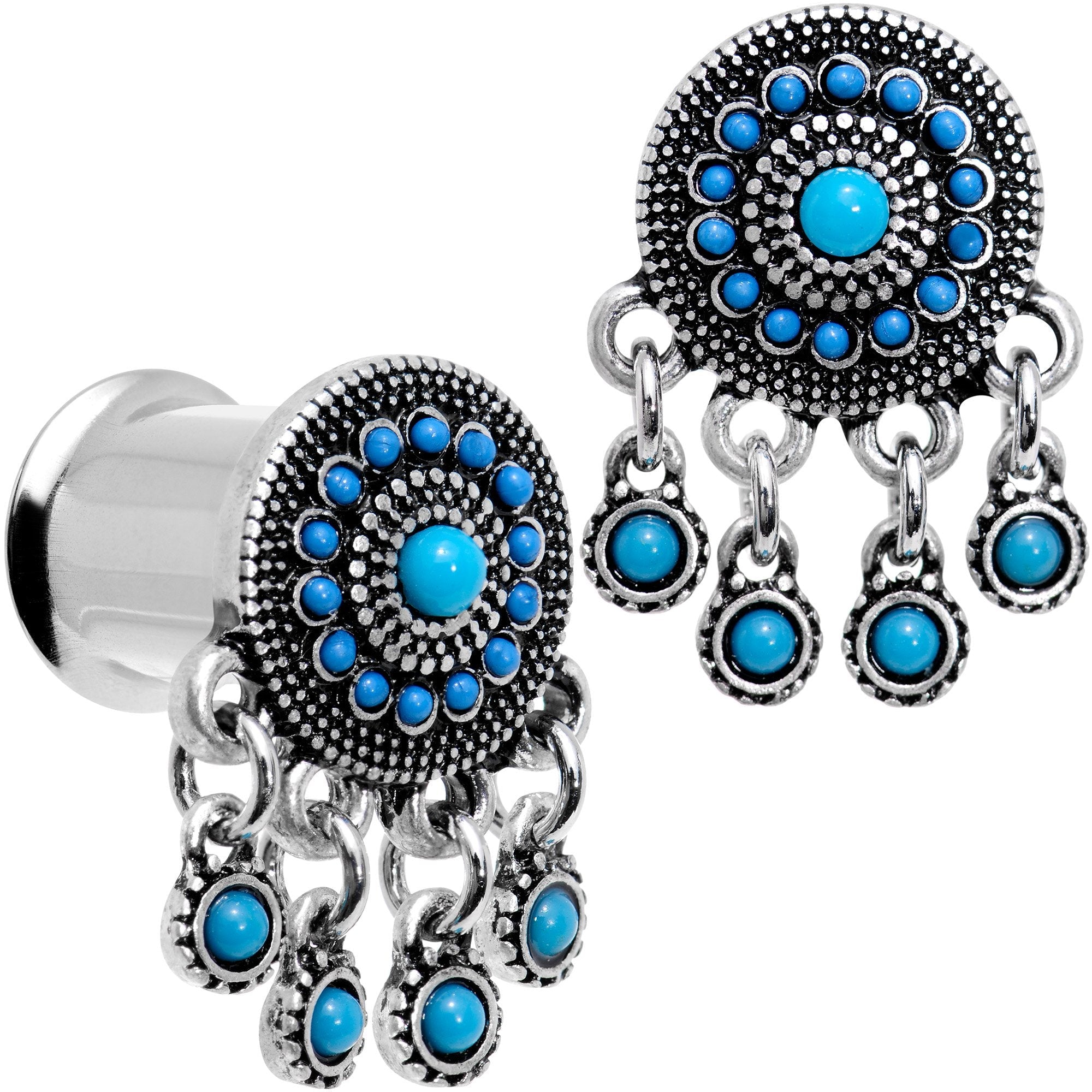 BodyCandy Southwest Blue Drum Dreamcatcher Dangle Double Flare Plug Set 6mm to 25mm — main product shot