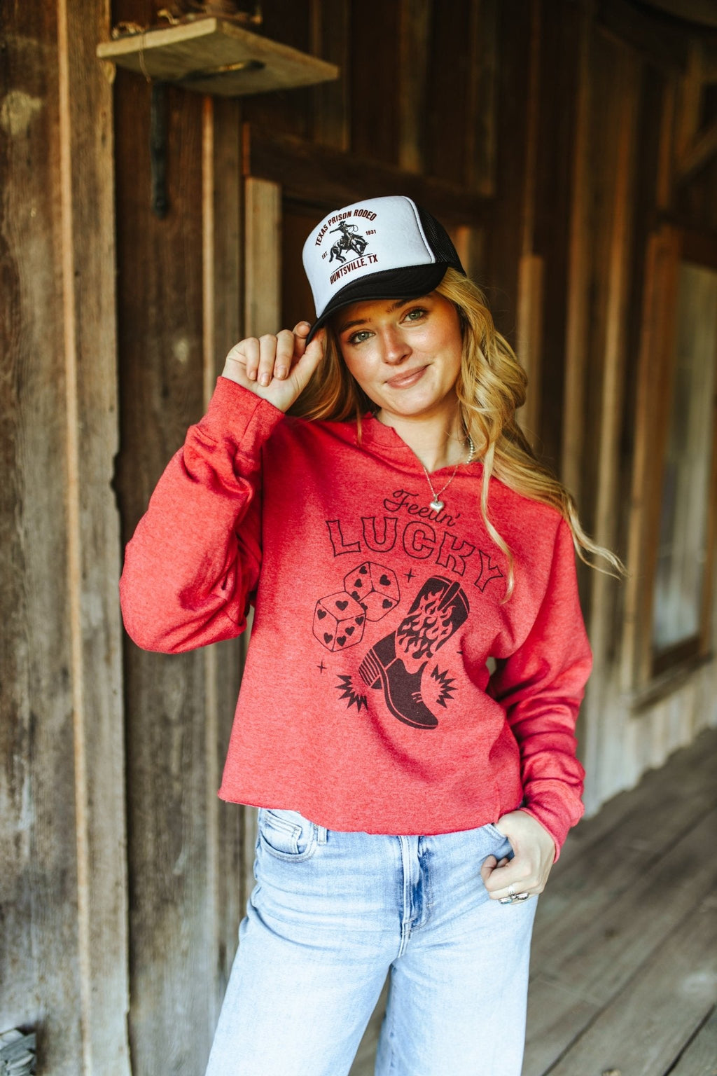 Wild Junkie Feelin' Lucky Raw Hem V-Neck Crop Graphic Sweatshirt — main product shot
