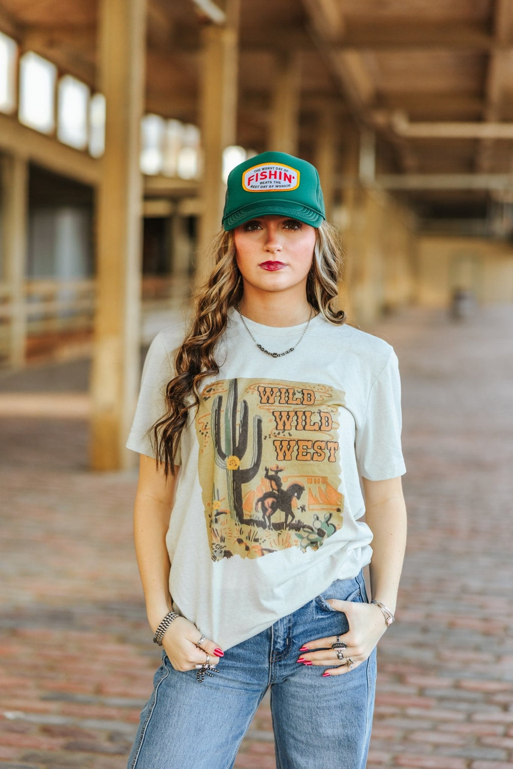 Wild Junkie Fishin' Beats Workin' Patch Trucker Hat — detail close-up