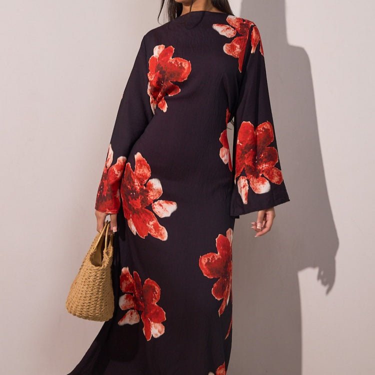Floral Print Bell Sleeve Maxi Dress Abaya (MA214)