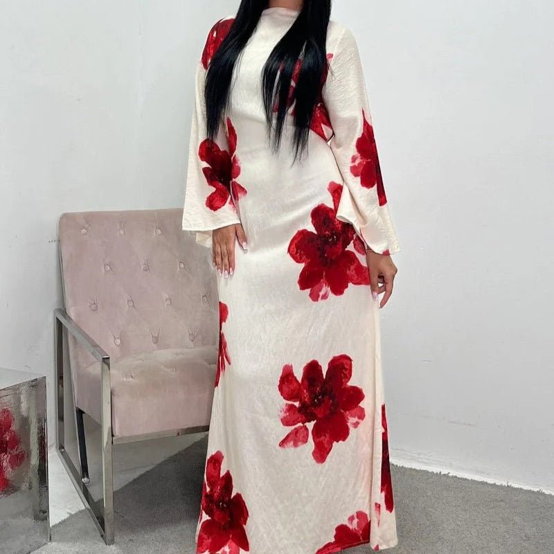 Floral Print Bell Sleeve Maxi Dress Abaya (MA214)