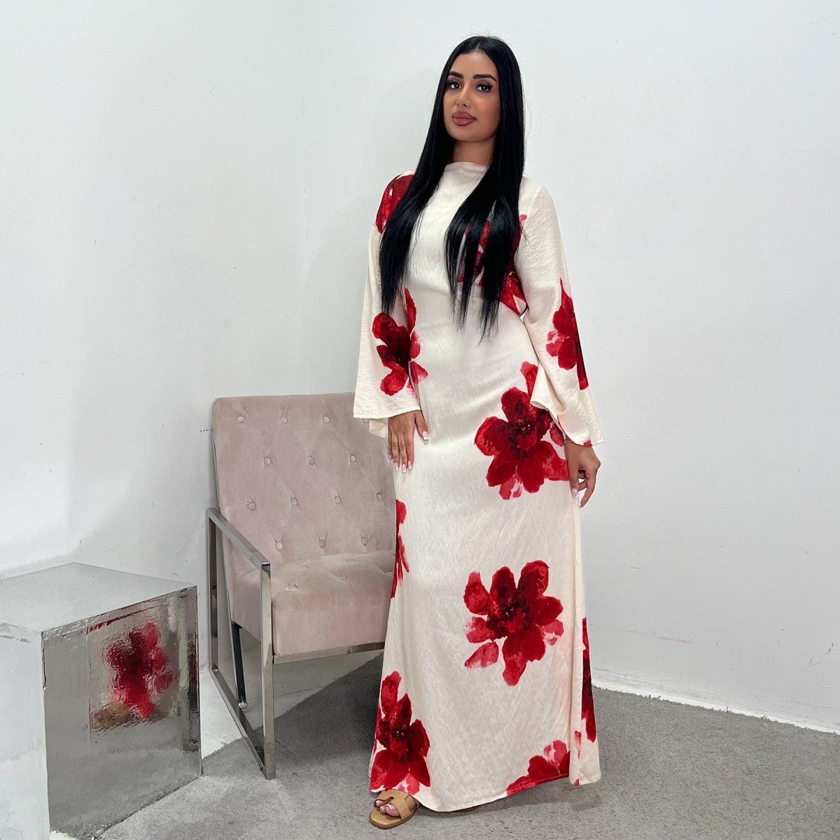 Floral Print Bell Sleeve Maxi Dress Abaya (MA214)