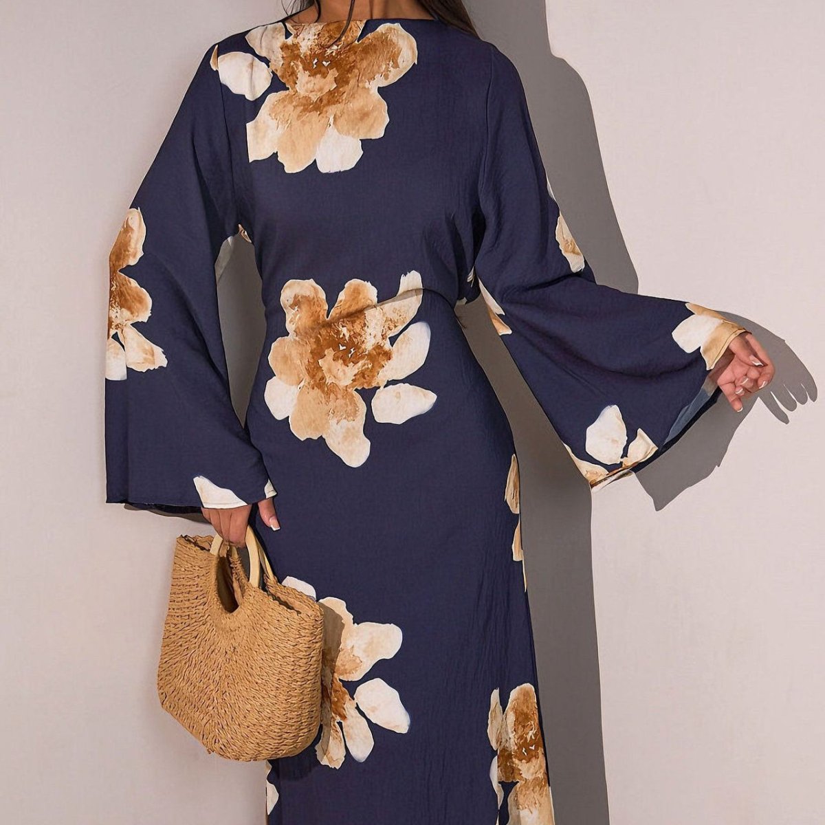Floral Print Bell Sleeve Maxi Dress Abaya (MA214)