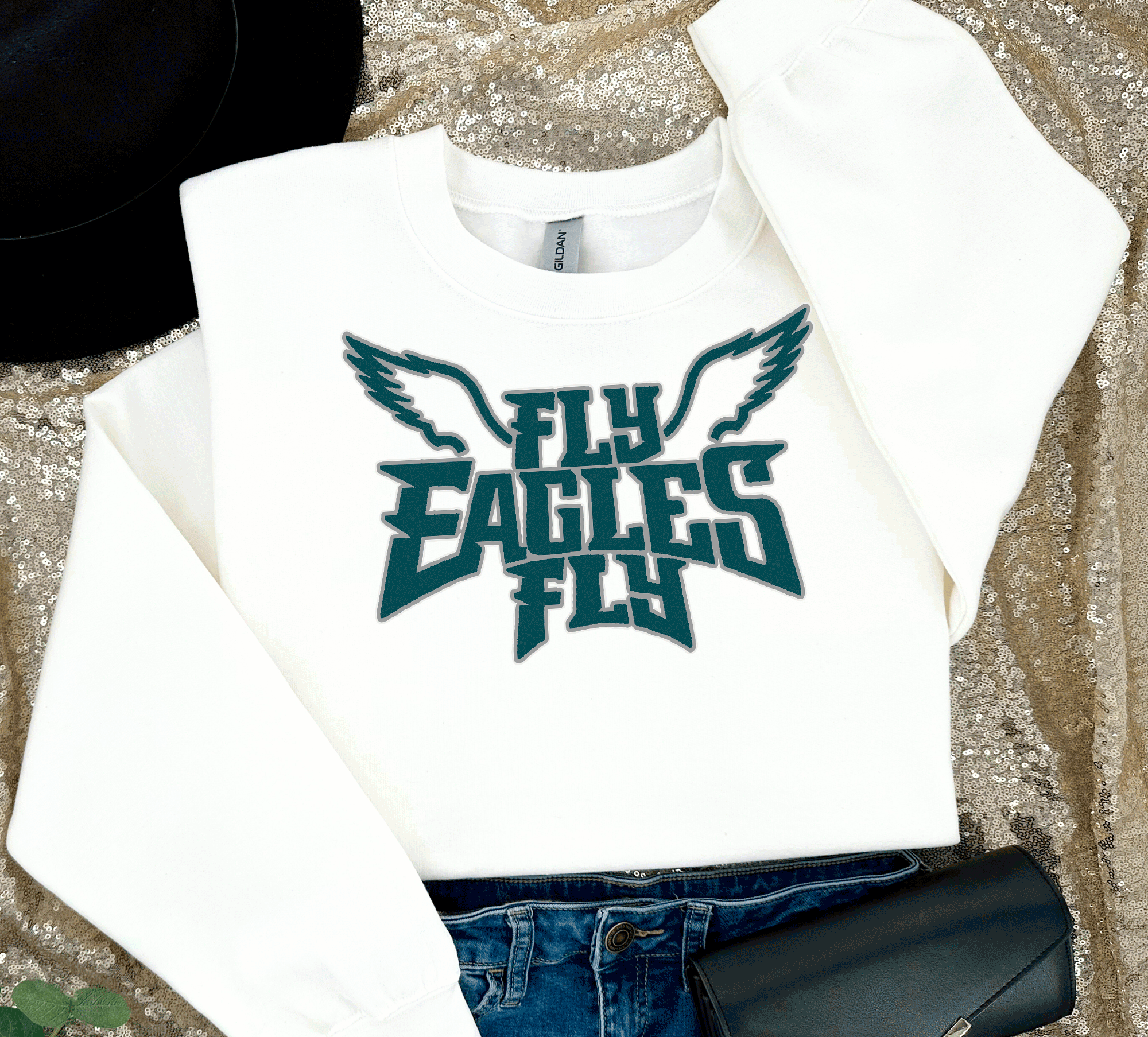 A Blessed Texas Mess Boutique EAGLES Fly Birds Fly Bling Philadelphia Football Sweatshirt, Philly T-shirt,… — main product shot