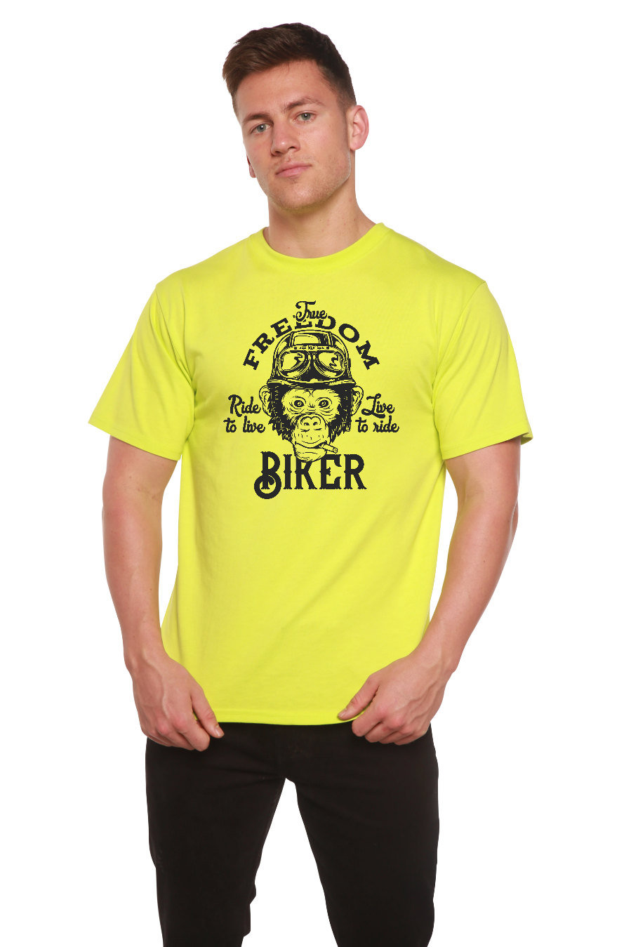 Spun Bamboo Freedom Biker Men's Bamboo Viscose/Organic Cotton Short Sleeve Graphic T-Shirt — size reference