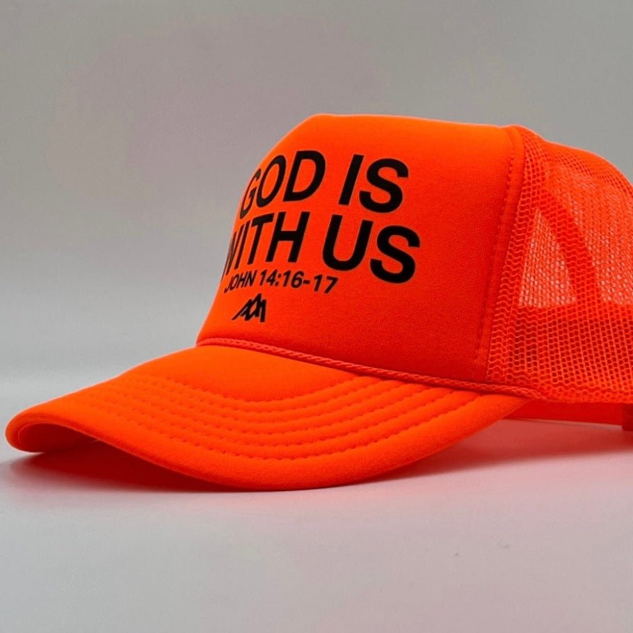 Malta Apparel God is With Us Foam Trucker - Neon Orange — side view