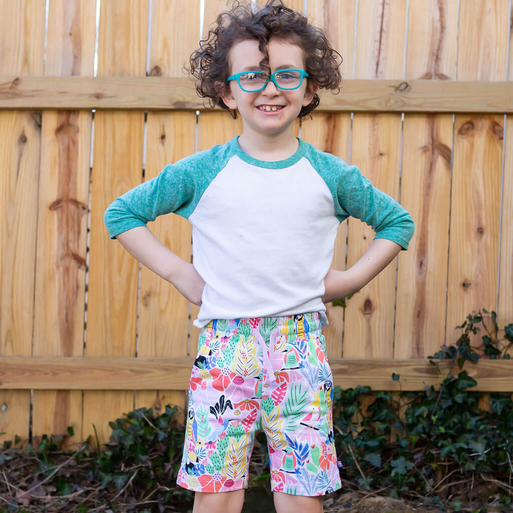 Princess Awesome & Boy Wonder "Jungle Jam" Tropical Birds Drawstring Shorts with Pockets — main product shot