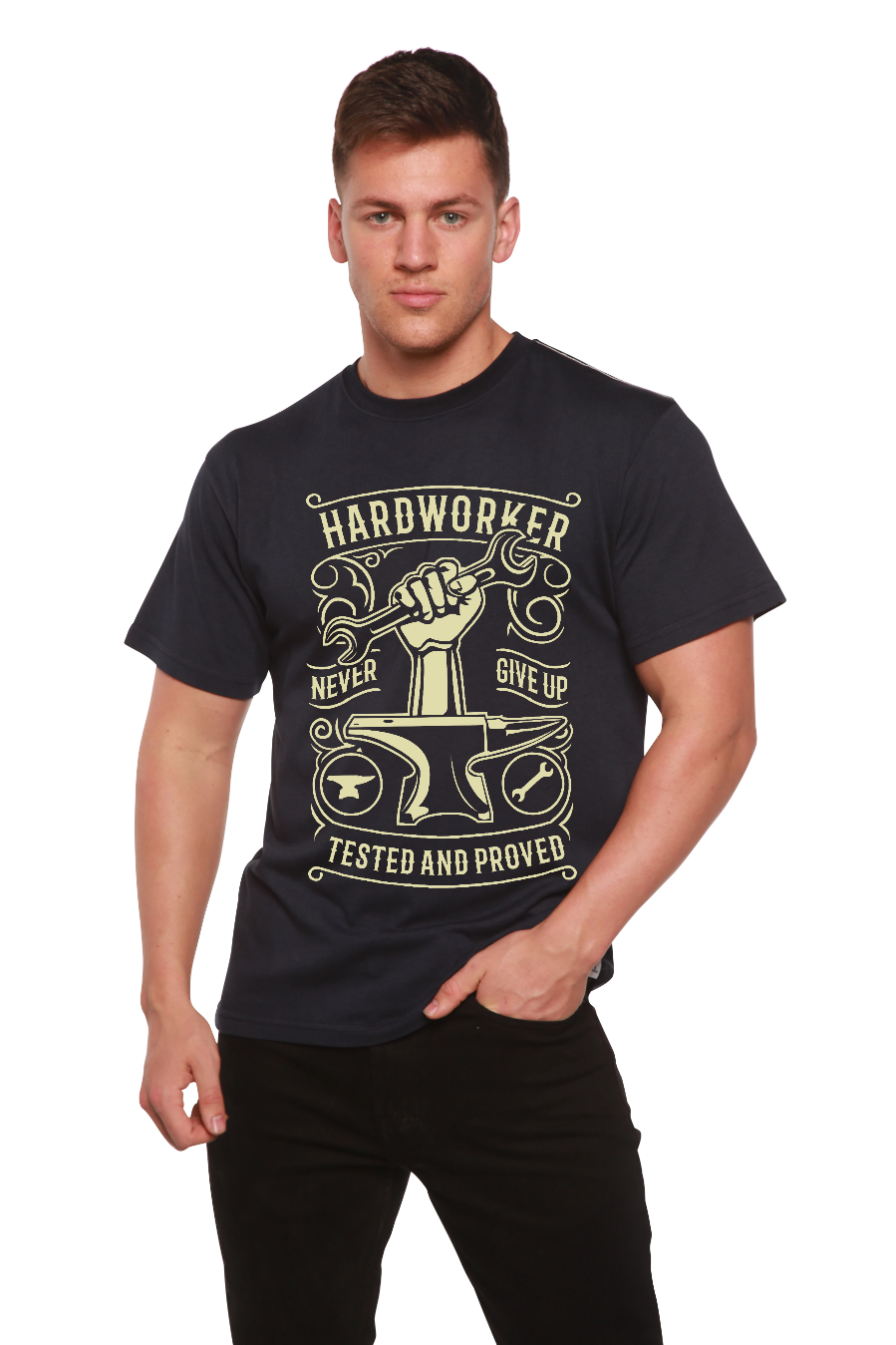 Spun Bamboo Hard Worker Men's Bamboo Viscose/Organic Cotton Short Sleeve Graphic T-Shirt — in-use photo