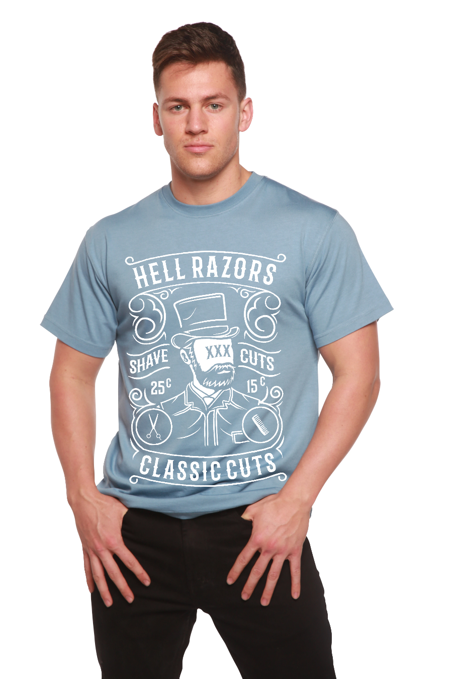 Spun Bamboo Hell Razors Men's Bamboo Viscose/Organic Cotton Short Sleeve Graphic T-Shirt — fabric or material detail