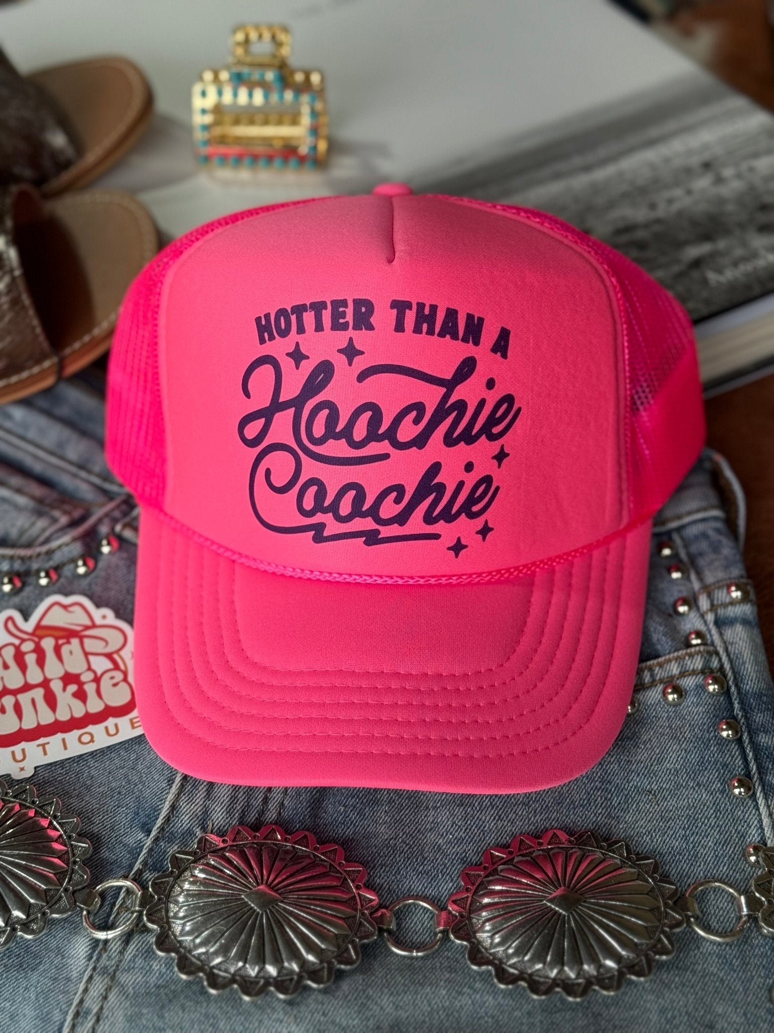 Wild Junkie Hoochie Coochie Neon Pink Trucker Hat — main product shot