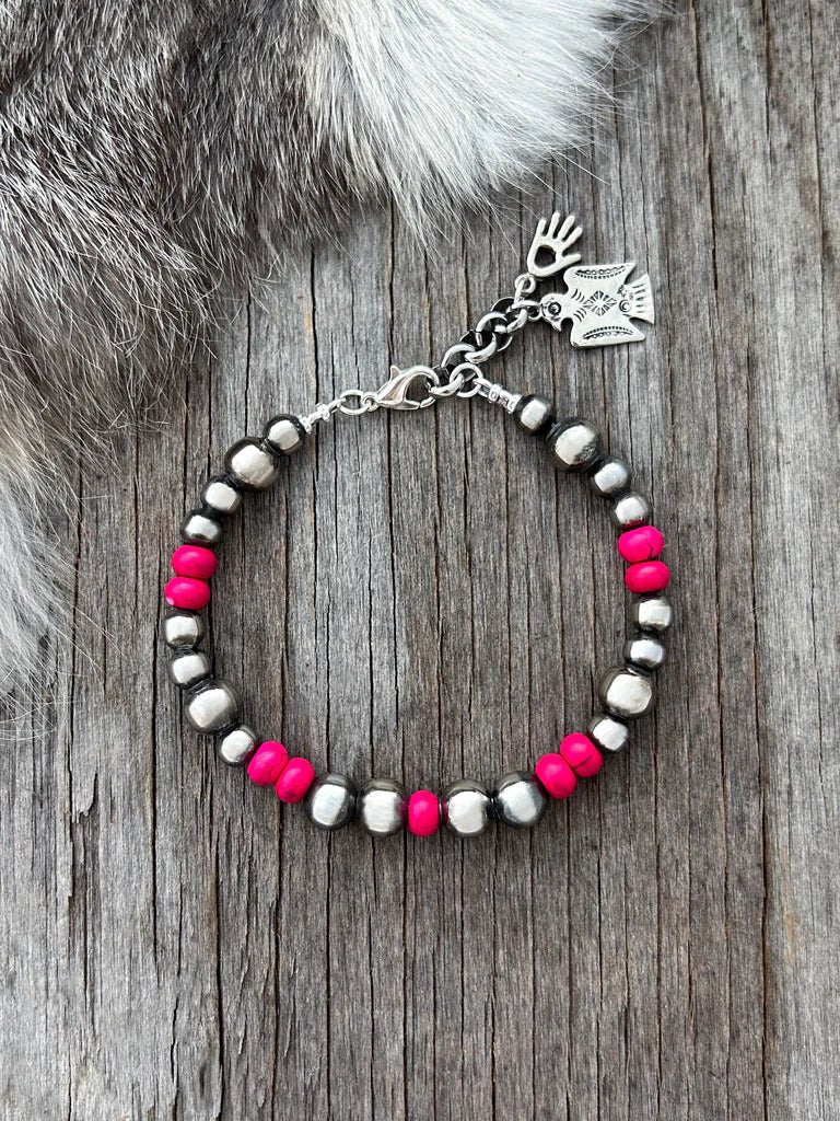 Wild Junkie Hot Pink Silver Bead Bracelet — detail close-up