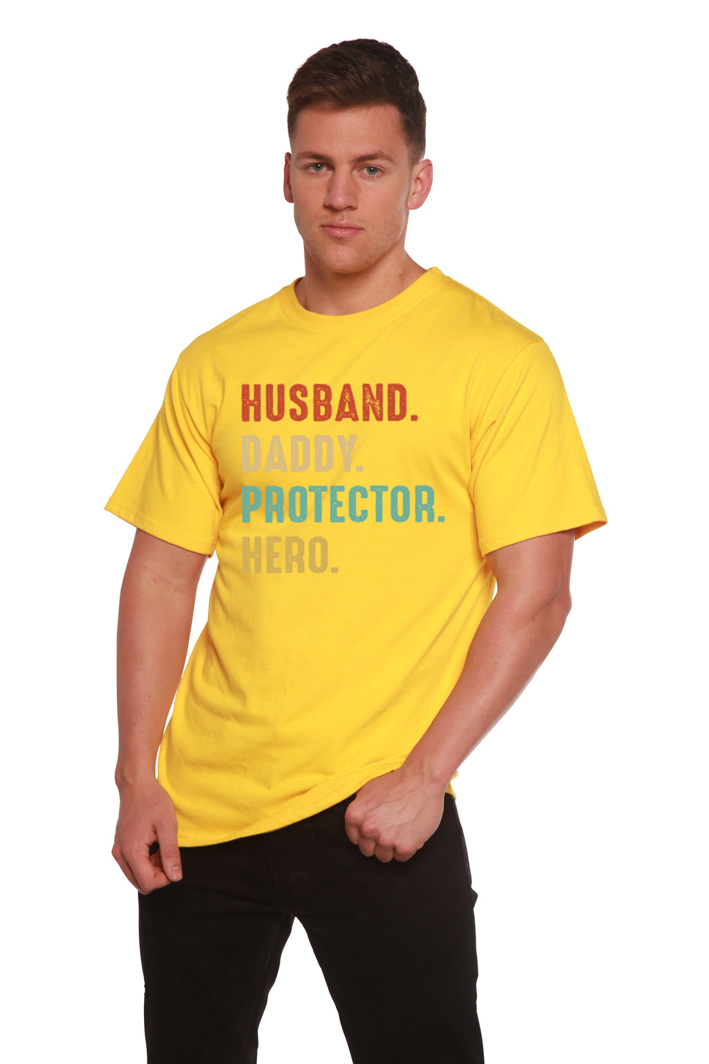 Spun Bamboo Husband, Daddy, Protector, Hero Men's Bamboo Viscose/Organic Cotton Short Sleeve Graphic T-Shirt — in-use photo