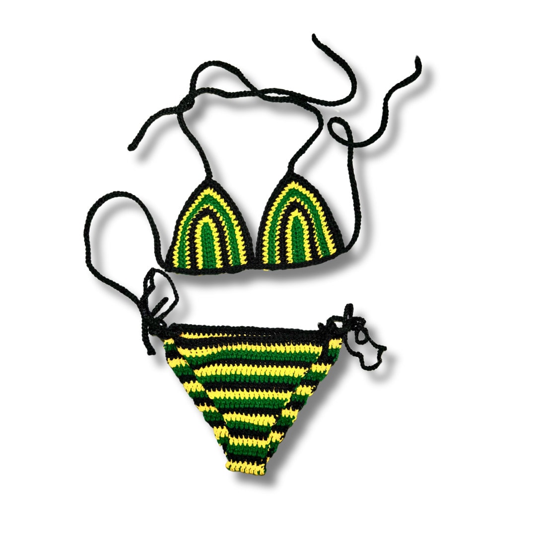 Stitched by Spice Handmade Jamaica Crochet Bikini 4-Piece Set with Micro Mini Skirt and Bucket Hat — back view