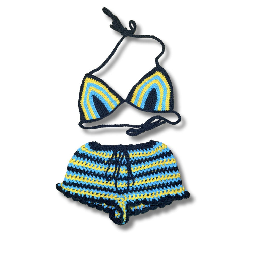 Stitched by Spice Bahamian Mesh Crochet Shorts with Bikini Matching Set — back view