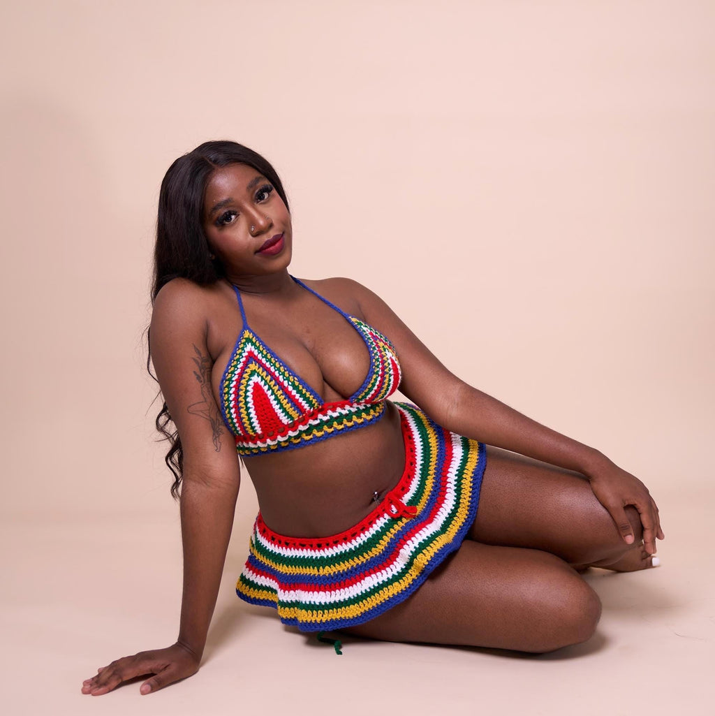 Stitched by Spice Handmade South Africa Crochet Bikini 3 Piece Matching Set with Micro Mini… — side view