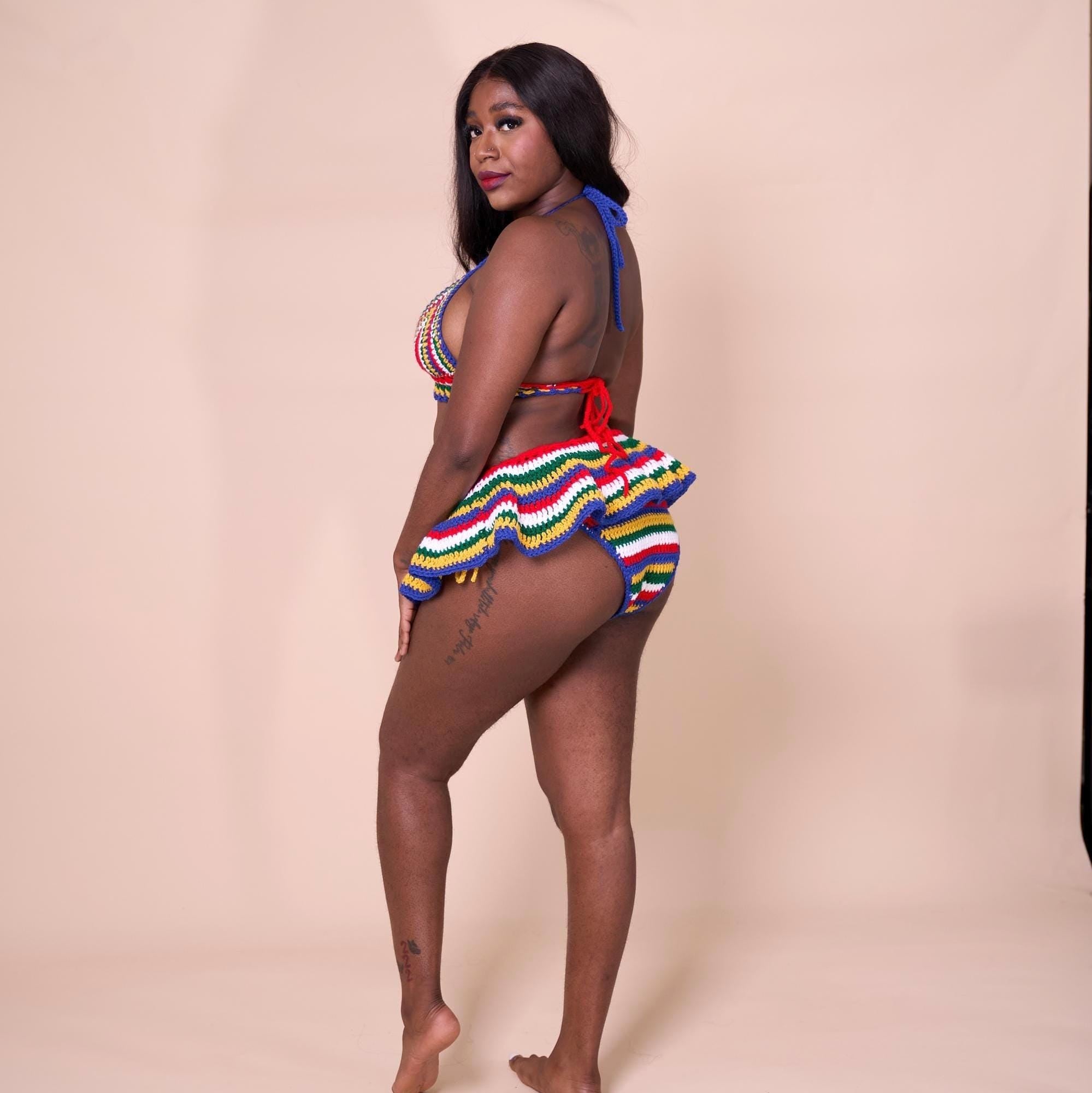 Stitched by Spice Handmade South Africa Crochet Bikini 3 Piece Matching Set with Micro Mini… — back view