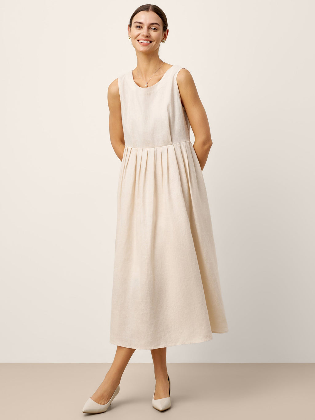 LINTICO 100% Linen Sleeveless Crew Neck Waist Pleated Maxi Dress SELENE — main product shot