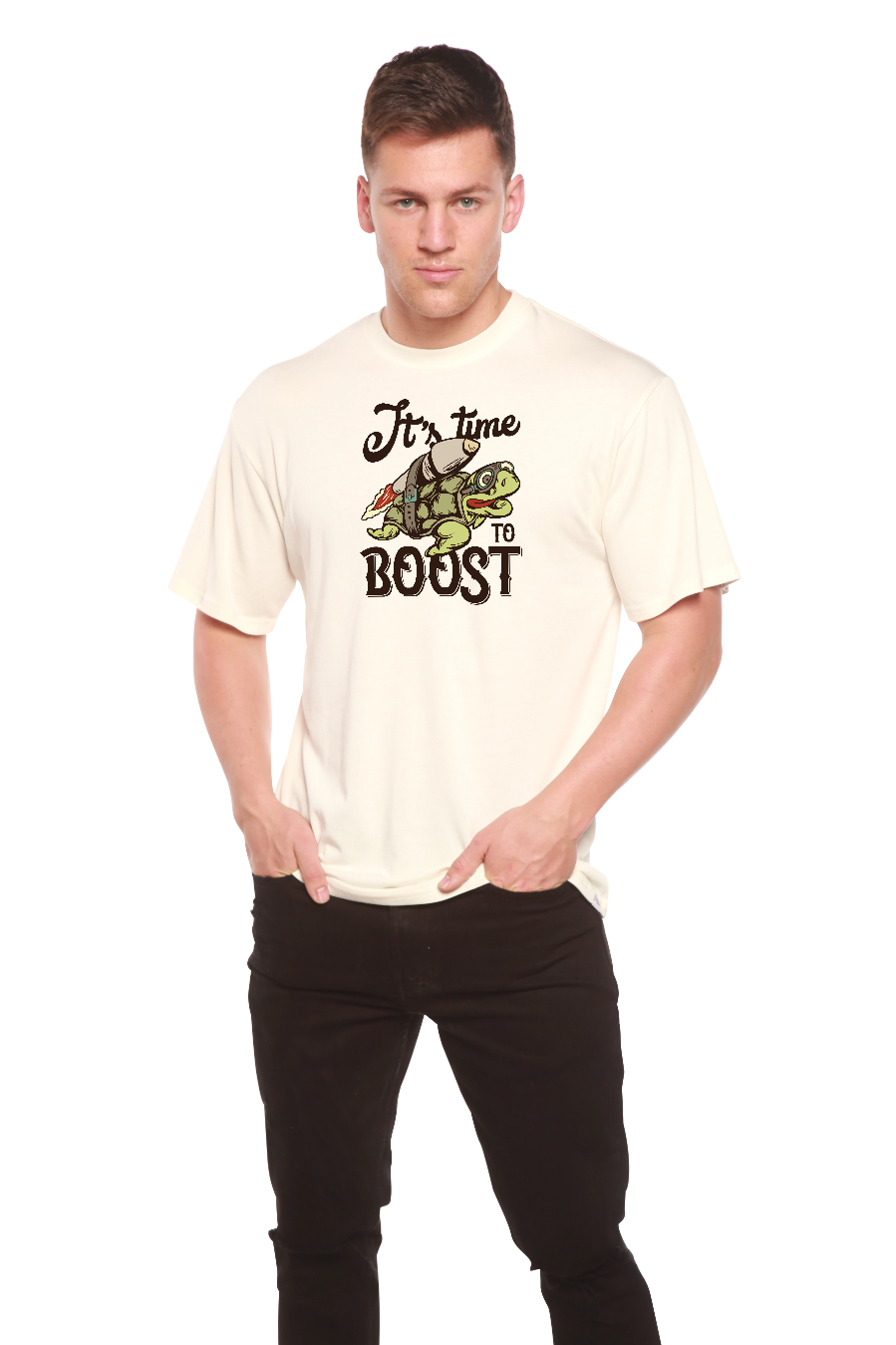 Spun Bamboo It`s time to BOOST Men's Bamboo Viscose/Organic Cotton Short Sleeve Graphic T-Shirt — back view