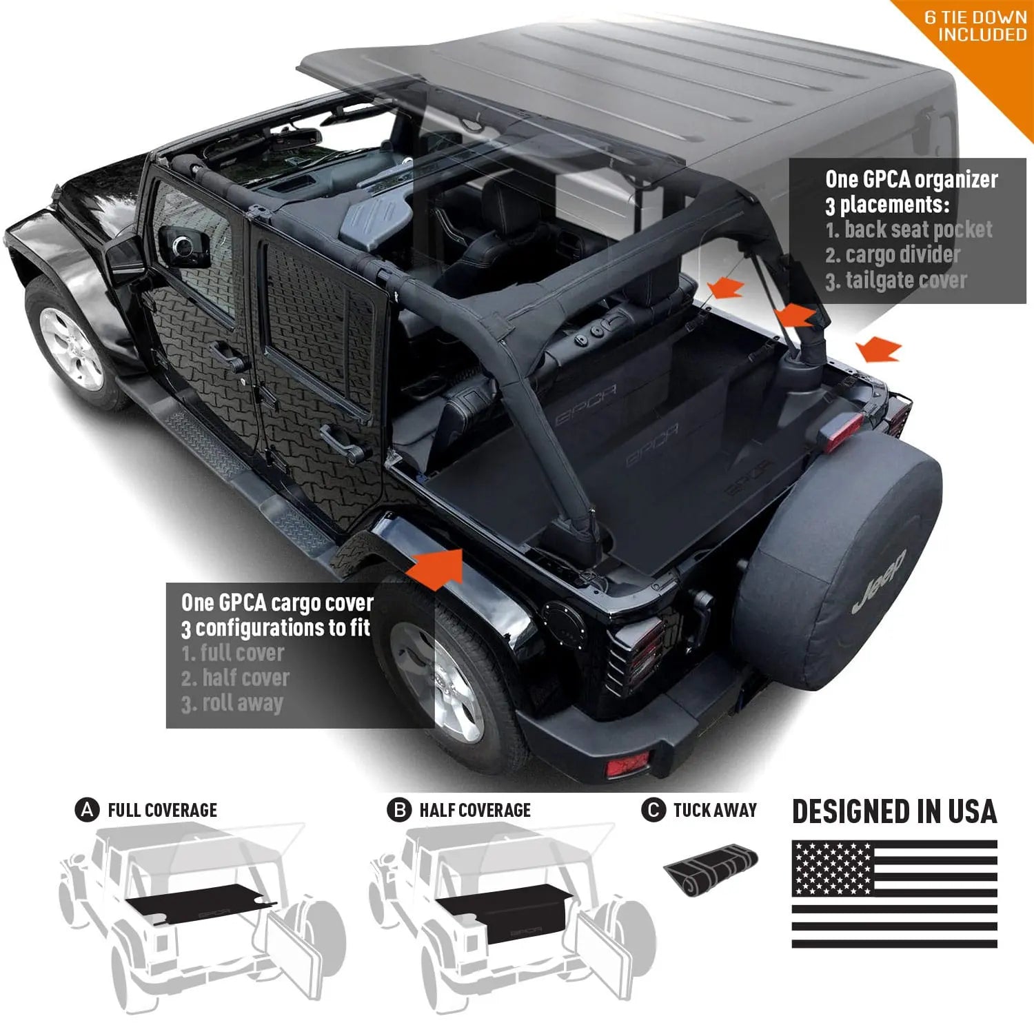 GPCA Jeep Wrangler JK 4DR Cargo Cover LITE (2007–2018) — flat-lay composition